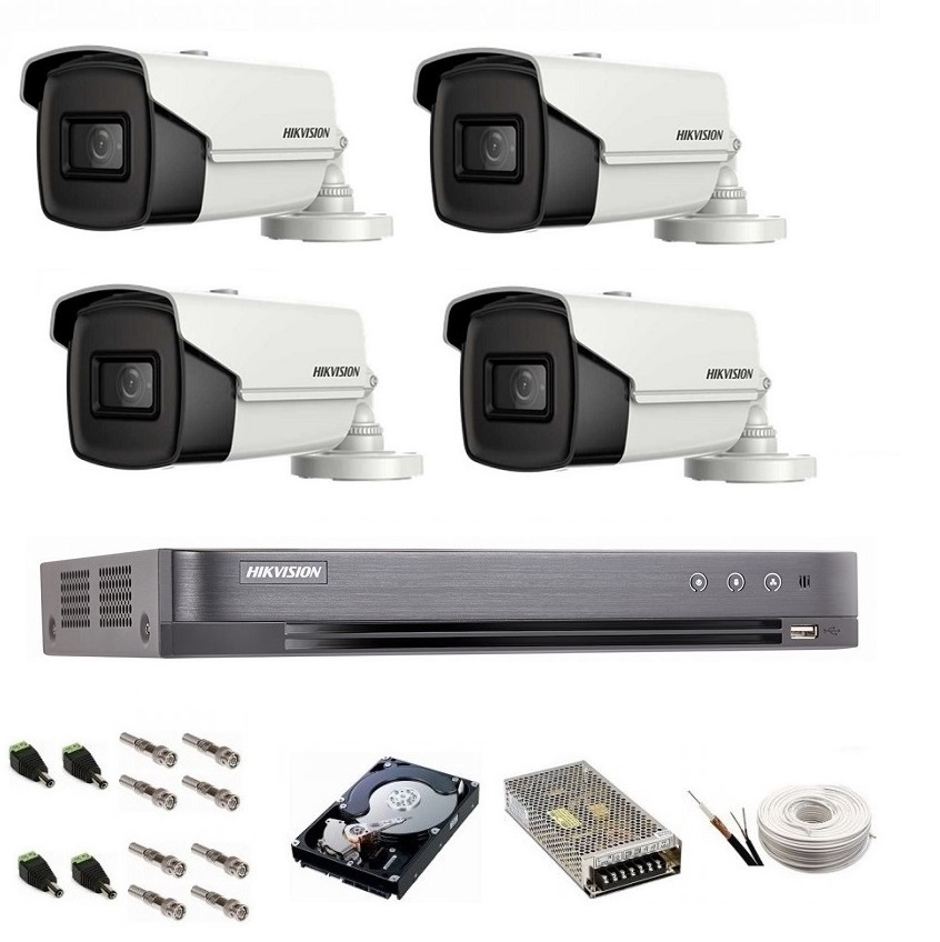 Sistem de supraveghere complet Hikvision Turbo HD,  4K / 8,3 Mp, 4 camere IR 60 m